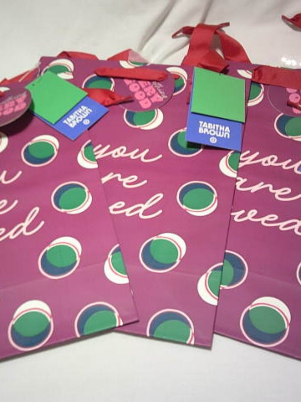 NEW LOT OF 3 LARGE "YOU ARE LOVED" BY TABITHA BROWN GIFT BAGS w/ RIBBON HANDLES